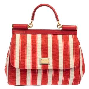 Pre Owned Dolce & Gabbana Red/White Stripe Raffia and Leather Medium Miss Sicily Top Handle Bag