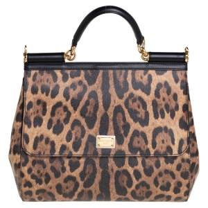 Dolce & Gabbana Black/Brown Leopard Print Coated Canvas and Leather Large Miss Sicily Top Handle Bag