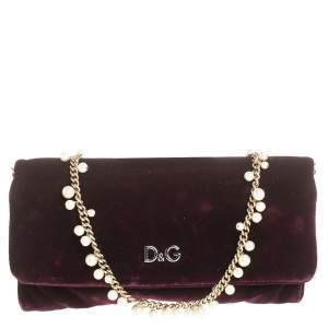 Pre Owned Dolce & Gabbana Purple Velvet Sasha Pearl Chain Bag