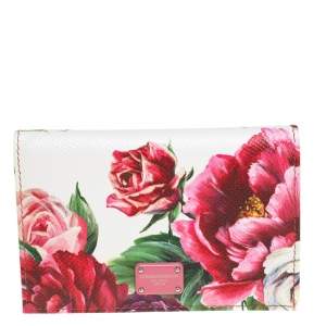 Pre Owned Dolce & Gabbana White Floral Print Leather Flap Card Case