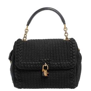 مملوكة مسبقًا Dolce & Gabbana Black Crochet Fabric and Snakeskin Padlock Top Handle Bag