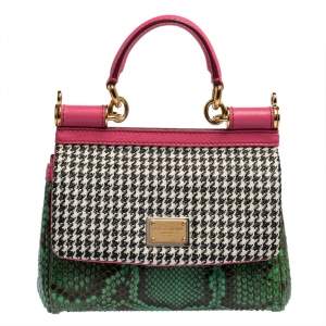 Pre Owned Dolce & Gabbana Multicolor Woven Straw, Leather and Python Small Miss Sicily Top Handle Bag