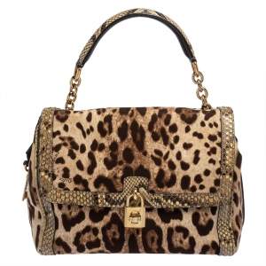 مملوكة مسبقًا Dolce and Gabbana Brown Leopard Print Canvas and Python Miss Dolce Top Handle Bag