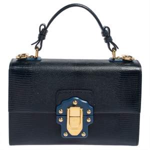 Pre Owned Dolce & Gabbana Blue Lizard Embossed Leather Lucia Top Handle Bag