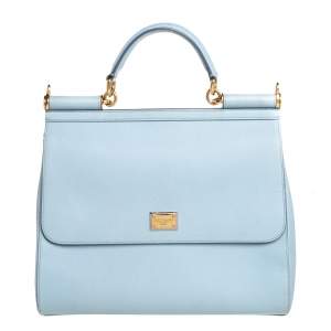 Pre Owned Dolce & Gabbana Powder Blue Leather Large Sicily Top Handle Bag