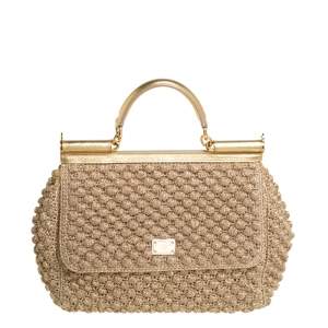 Dolce & Gabbana Gold Woven Raffia and Leather Large Miss Sicily Top Handle Bag