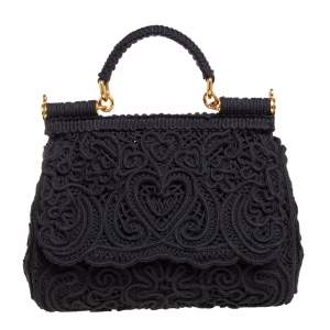 Pre Owned Dolce & Gabbana Black Fabric Medium Sicily Cordonetto Top Handle Bag