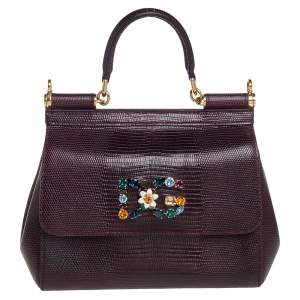 Pre Owned Dolce & Gabbana Dark Burgundy Lizard Embossed Leather Small Miss Sicily Crystal Top Handle Bag