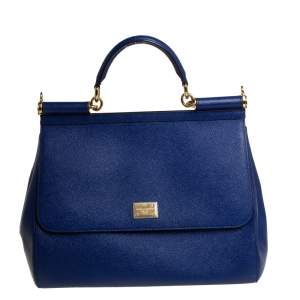 Dolce & Gabbana Blue Leather Large Miss Sicily Top Handle Bag