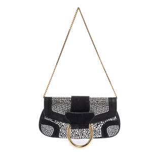 مملوكة مسبقًا Dolce & Gabbana Black Crystal Embellished Suede Chain Clutch