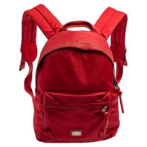 Dolce & Gabbana Red Nylon Logo Plaque Small Backpack