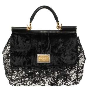 Dolce & Gabbana Black/Silver Sequins and Astrakhan Fur Large Miss Sicily Top Handle Bag