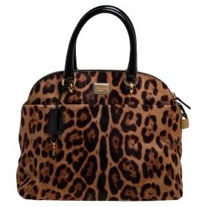 Pre Owned Dolce & Gabbana Black/Brown Leopard Print Calf Hair and Patent Satchel