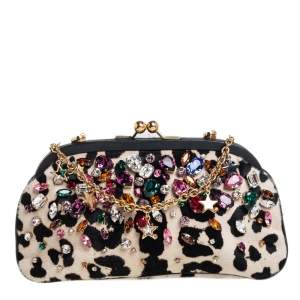 مملوكة مسبقًا Dolce & Gabbana Whit/Black Leopard Print Calf Hair Crystal Embellished Frame Chain Clutch