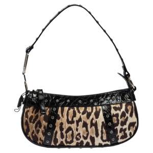 Dolce & Gabbana Black/Beige Croc Embossed And Canvas Leopard Print Shoulder Bag