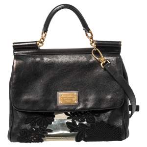Dolce & Gabbana Black PVC, Lace And Leather Large Miss Sicily Top Handle Bag