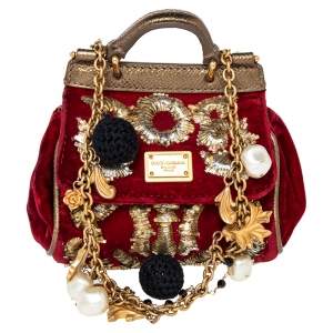 Dolce & Gabbana Red Velvet Embroidered Mini Miss Sicily Shoulder Bag