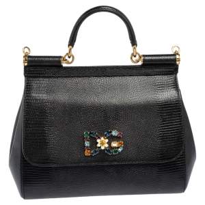 Dolce & Gabbana Black Lizard Embossed Leather Medium Miss Sicily Bag