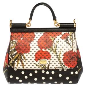 Dolce and Gabbana Multicolor Floral And Polka Dot Print Leather Medium Miss Sicily Top Handle Bag