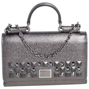 Pre Owned Dolce & Gabbana Metallic Leather Miss Sicily Von Studded Wallet on Chain