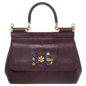 مملوكة مسبقًا Dolce & Gabbana Dark Burgundy Lizard Embossed Leather Small Crystal Embellished Logo Sicily Top Handle Bag