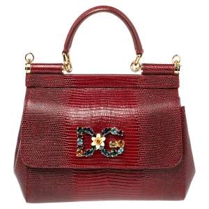 Dolce & Gabbana Burgundy Glossy Lizard Embossed Leather Small Miss Sicily Top Handle Bag