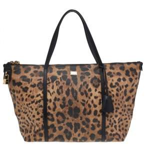 Dolce & Gabbana Black/Beige Leopard Print Coated Canvas and Leather Miss Escape Tote