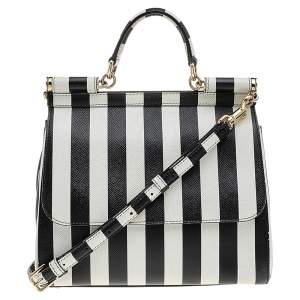 Dolce & Gabbana Black/White Striped Leather Medium Miss Sicily Top Handle Bag
