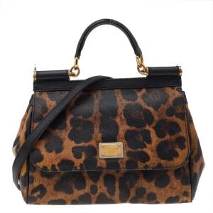 Dolce & Gabbana Black/Leopard Print Coated Canvas And Leather Small Miss Sicily Top Handle Bag