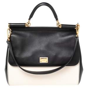 Dolce & Gabbana Black/White Leather Large Miss Sicily Top Handle Bag