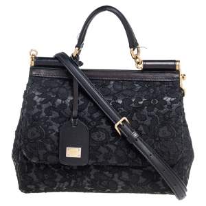 Dolce & Gabbana Black Lace And Leather Medium Miss Sicily Top Handle Bag