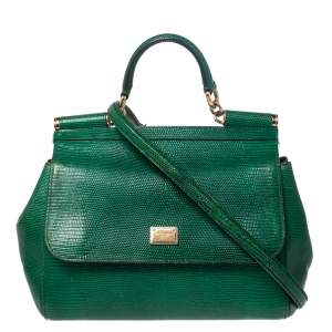 Dolce & Gabbana Green Lizard Embossed Leather Medium Miss Sicily Top Handle Bag