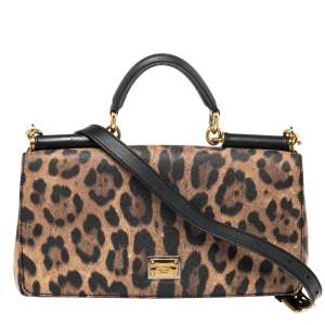 Dolce & Gabbana Black/Brown Animal Print Coated Canvas and Leather Miss Sicily Top Handle Bag