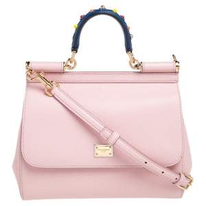 Dolce & Gabbana Pink Leather Studded Handle Medium Miss Sicily Top Handle Bag