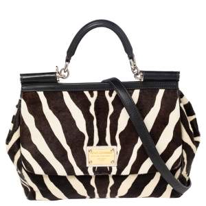 Dolce & Gabbana Brown-Black Zebra Print Calf Hair And Leather Large Miss Sicily Top Handle Bag