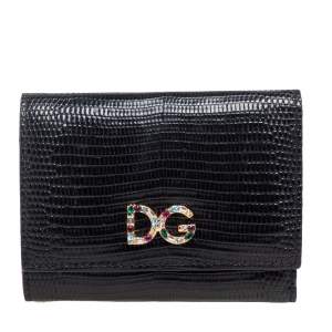 Dolce & Gabbana Black Lizard Embossed Leather DG Crystal Embellished Trifold Wallet