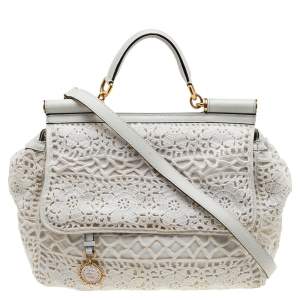 Dolce & Gabbana White Crochet and Leather Large Miss Sicily Top Handle Bag