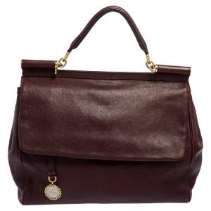 Dolce & Gabbana Burgundy Leather Large Heritage Miss Sicily Top Handle Bag