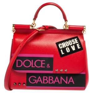 Dolce & Gabbana Red Leather Medium Miss Sicily Choose Love Top Handle Bag