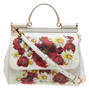 Dolce & Gabbana White/Red Floral Print Leather Medium Miss Sicily Top Handle Bag