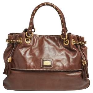 Dolce & Gabbana Brown Soft Leather Studded Handle Tote