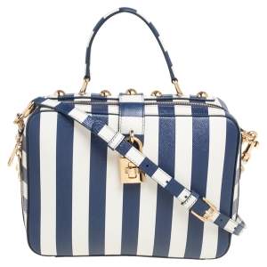 Dolce & Gabbana Blue/White Striped Leather Box Top Handle Bag