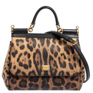 Dolce & Gabbana Black/Beige Leopard Print Coated Canvas and Leather Medium Sicily Top Handle Bag