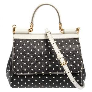 Dolce & Gabbana Black/White Polka Dots Leather Small Miss Sicily Top Handle Bag