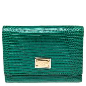 مملوكة مسبقًا Dolce & Gabbana Green Lizard Embossed Leather Trifold Compact Wallet