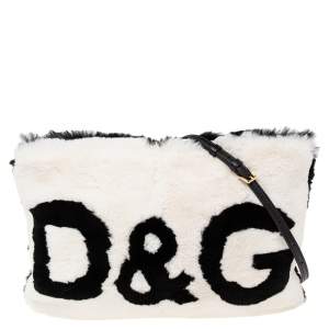 Pre Owned حقيبة كتف دولتشي أند غابانا كليو جلد وفرو أبيض/ أسود