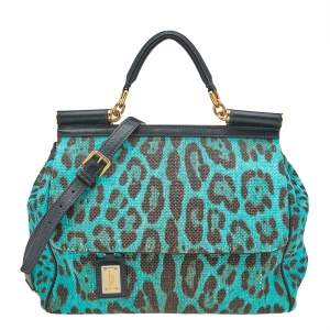 Pre Owned Dolce & Gabbana Blue/Brown Leopard Print Raffia Large Miss Sicily Top Handle Bag