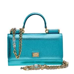 Pre Owned Dolce & Gabbana Metallic Turquoise Leather Miss Sicily Von Wallet on Chain