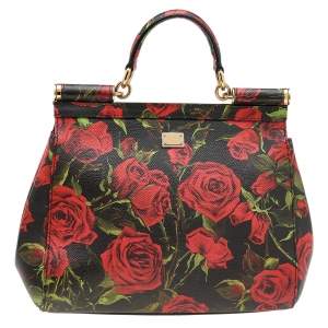 Pre Owned Dolce & Gabbana Black Rose Print Leather Medium Miss Sicily Top Handle Bag