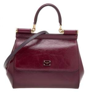 Pre Owned Dolce & Gabbana Burgundy Leather Small Miss Sicily Top Handle Bag